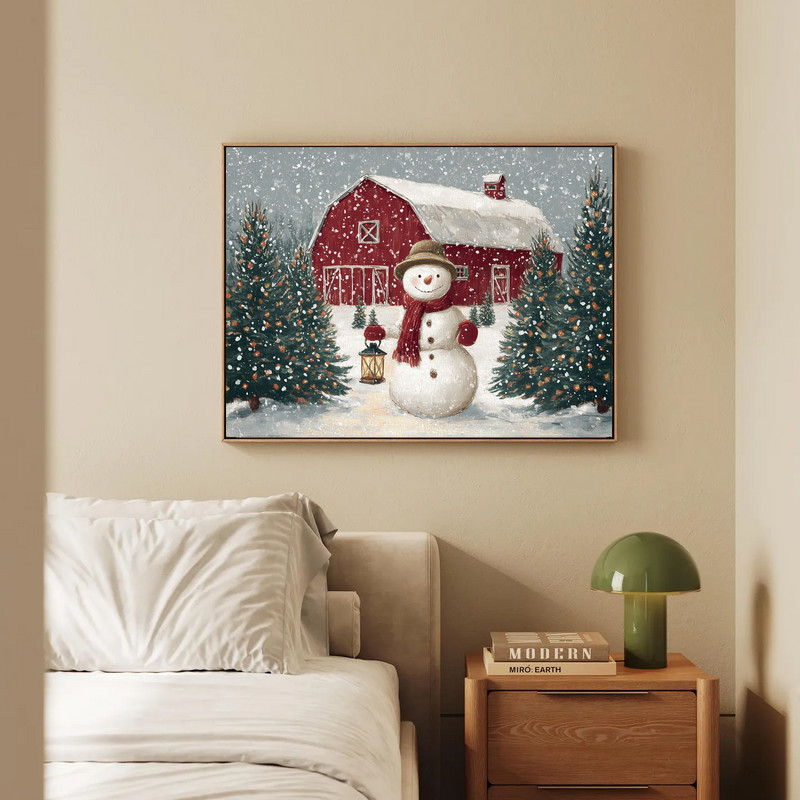 Jolly snowman by lantern canvas wall art, Christmas tree farm night scene, cozy winter hallway accent, textured canvas.