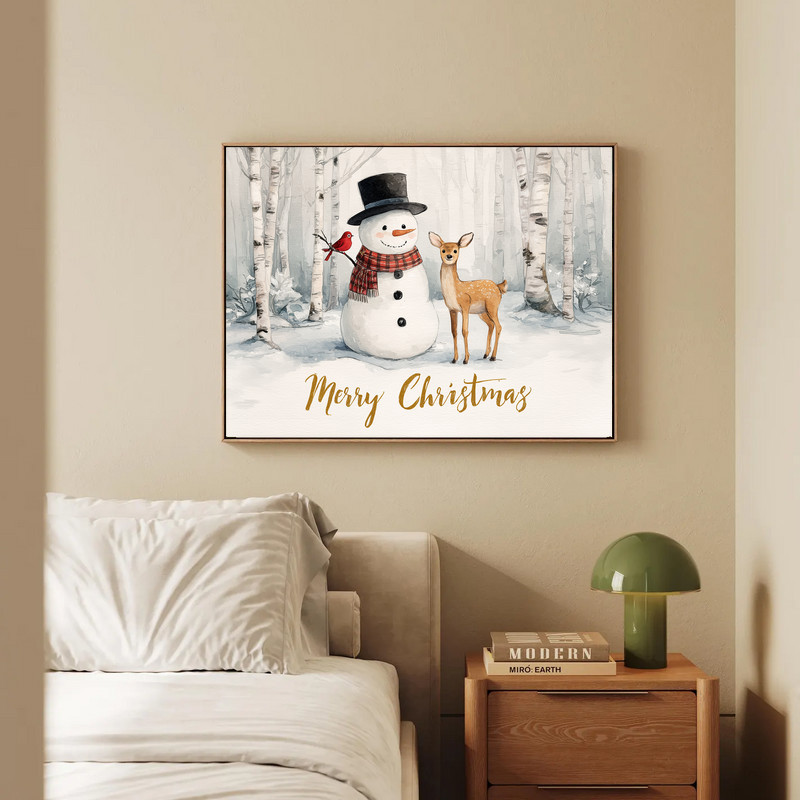 Joyful snowman and reindeer canvas wall art brings cozy holiday spirit to hallway decor with a snowy, family-friendly design