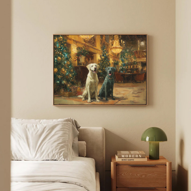 Labradors’ Christmas Delight canvas wall art, landscape view of a festive hall with rustic accents for hallway decor