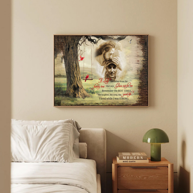 Memorial canvas wall art print shows A Limb Has Fallen poem with cardinals, customizable with name and date in memory