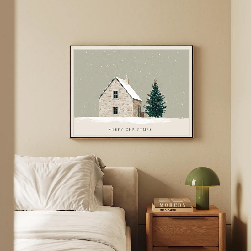 Christmas canvas wall art, serene snowy pine and cottage path, neutral tones for entryway or hallway winter decor