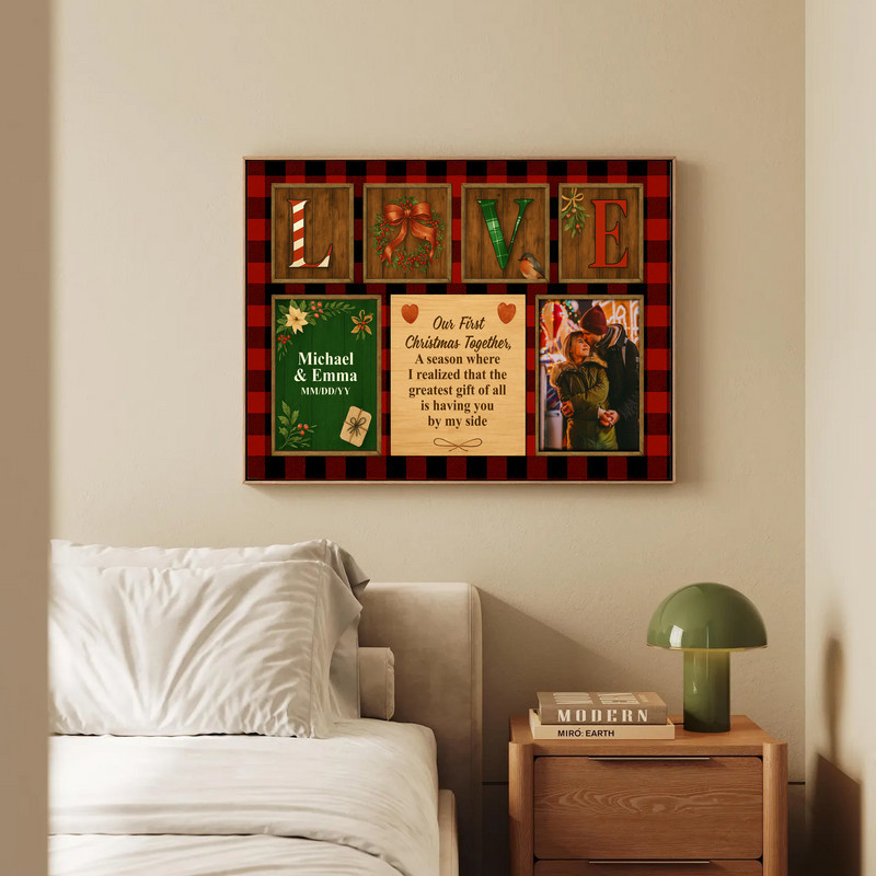 Personalized Plaid Canvas - Newlywed First Christmas Keepsake