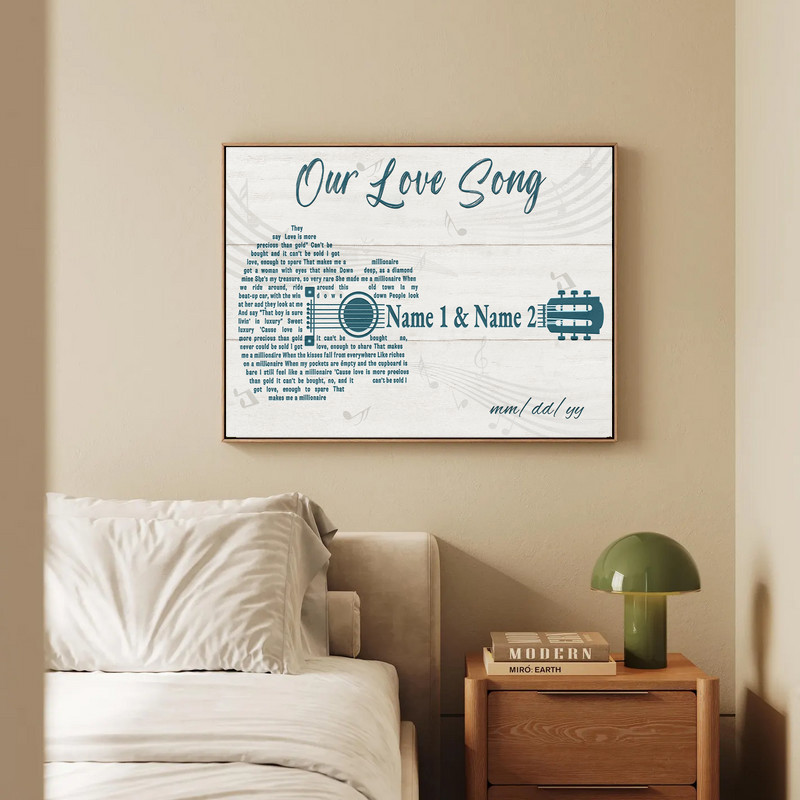Our love song guitar canvas wall art, personalized with names and date, rustic style print for living room or cozy home decor