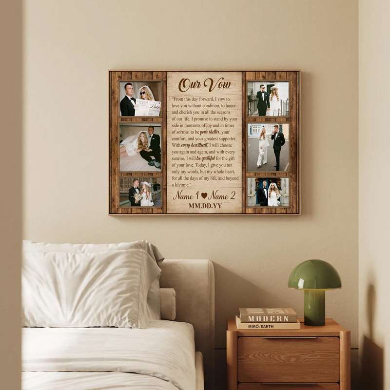 wedding vow photo collage canvas wall art with custom vows overlay, names and date, 3 large photos, sepia tones, landscape wedding vow photo collage canvas wall art with custom vows overlay, names and date, 3 large photos, sepia tones, landscape