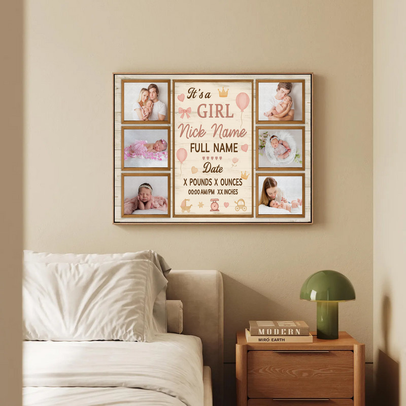 Baby girl newborn photo collage canvas wall art, portrait, rustic farmhouse style; personalized with name, date for nursery