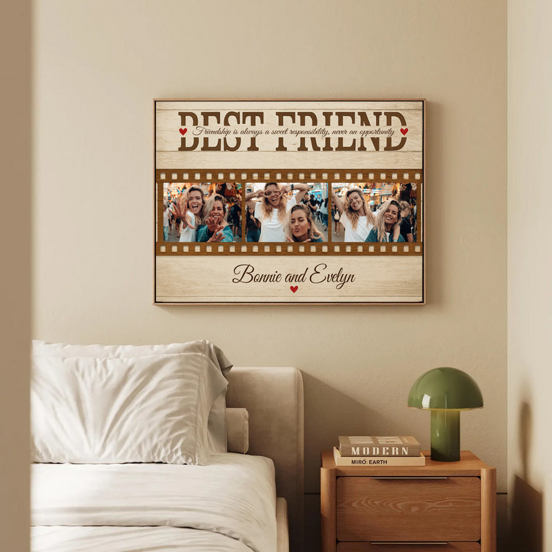 Personalized best friends photo collage canvas, shiplap background, portrait orientation, custom photos and names for BFFs