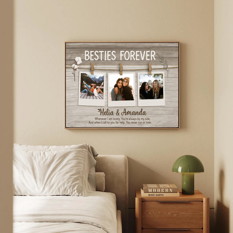 Best friend canvas wall art on distressed wood planks with Polaroid collage, custom photos, names, farmhouse decor