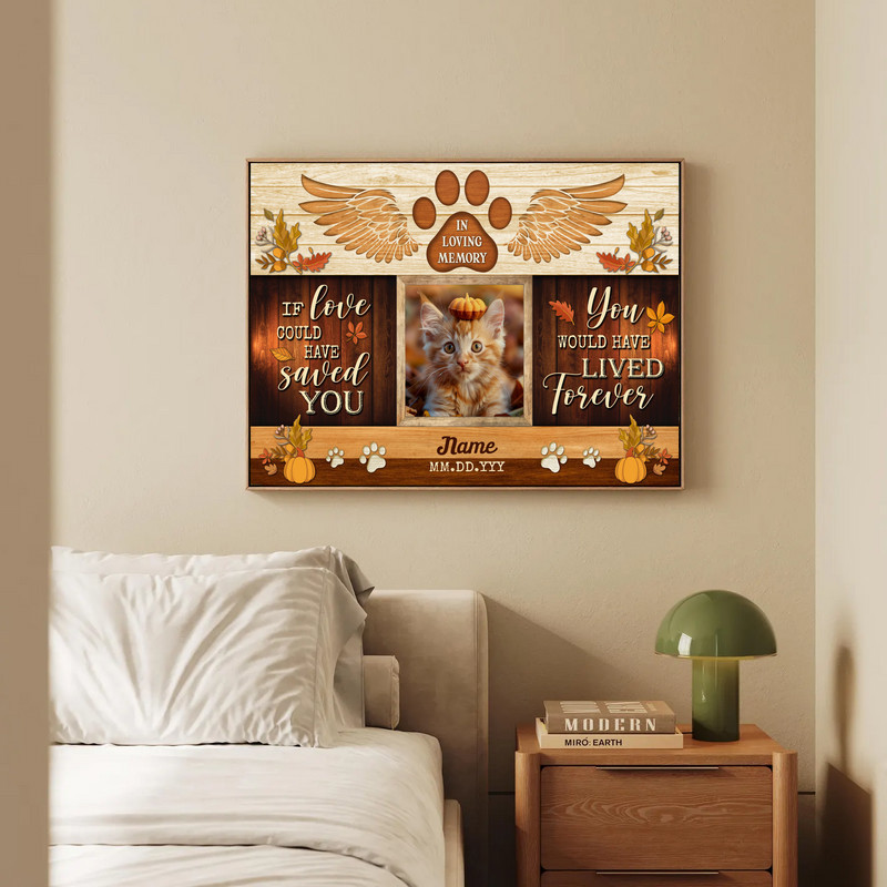 Cat memorial canvas wall art, vertical design shiplap farmhouse look, custom photo, name, dates; ideal for living room mantel