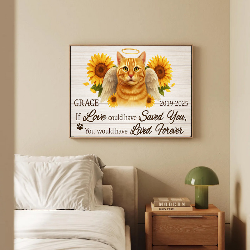 Cat memorial portrait canvas featuring farmhouse sunflowers, custom name and dates, horizontal layout, pet loss gift