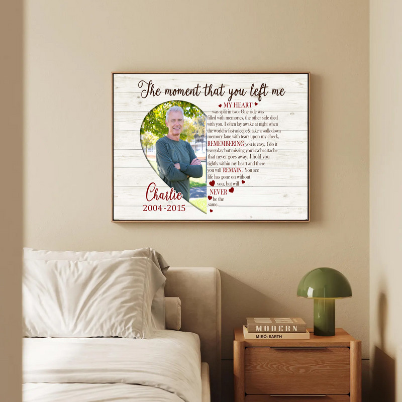 Dad memorial canvas wall art with floral border and script text, custom name and dates, soft pastel palette for living room.