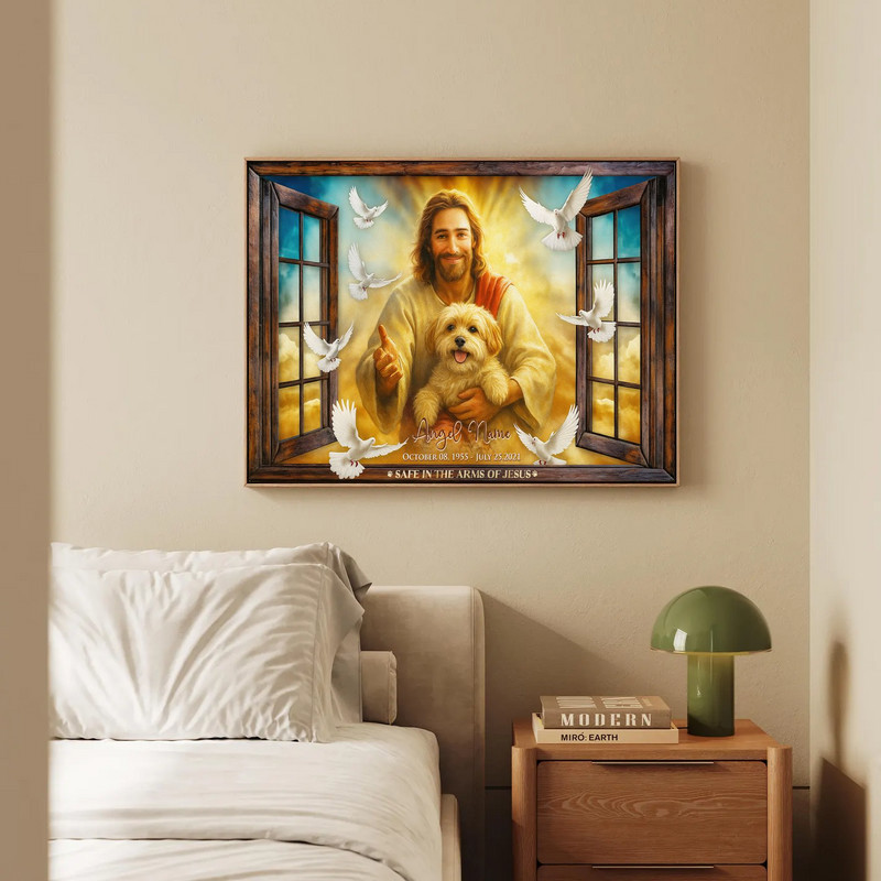 Dog memorial canvas wall art with pet photo in a weathered window frame and 'Safe in the Arms of Jesus' living room decor