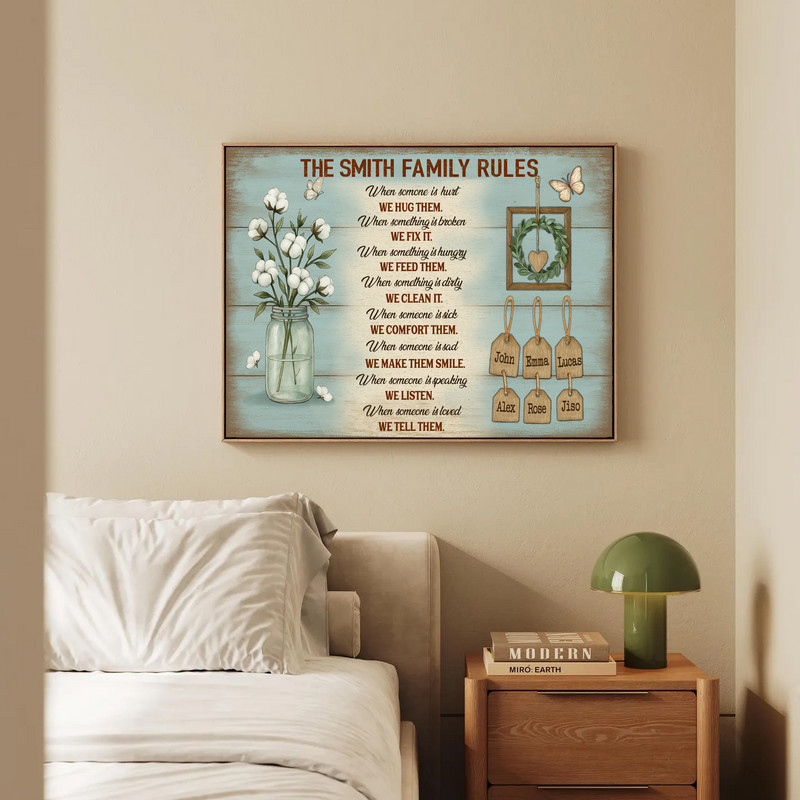 Rustic farmhouse family rules canvas wall art with custom family names, charcoal typography on linen look, ideal wedding gift