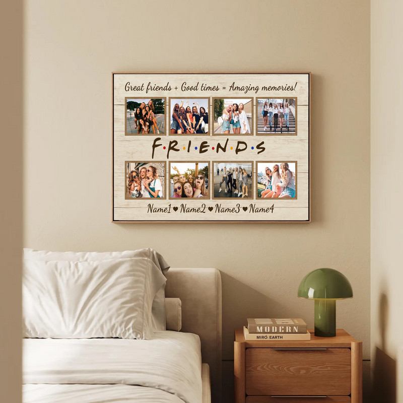 Friendship canvas wall art, custom photo collage with heart-shaped layout, rustic farmhouse, sentimental best friend gift