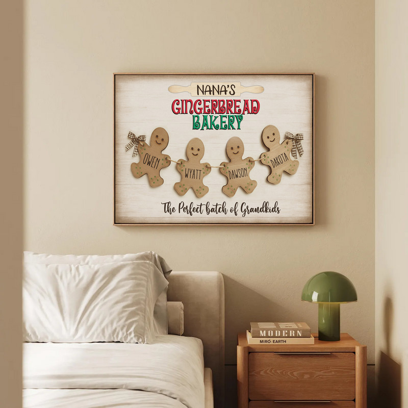 Gingerbread bakery Christmas portrait canvas wall art with grandkids names, red and green accents for cozy living room decor