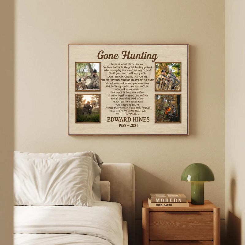 Gone Hunting memorial canvas wall art in rustic farmhouse tones with antler motif, camo accents, personalized name and years