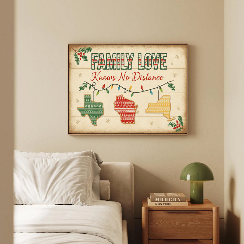 Long distance family Christmas canvas wall art with snowflakes and twinkle lights, farmhouse wood texture, personalized names and dates