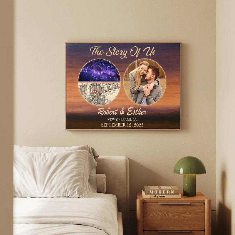 The Story Of Us canvas print with sepia couple photo, personalized names and date, navy star map, portrait layout