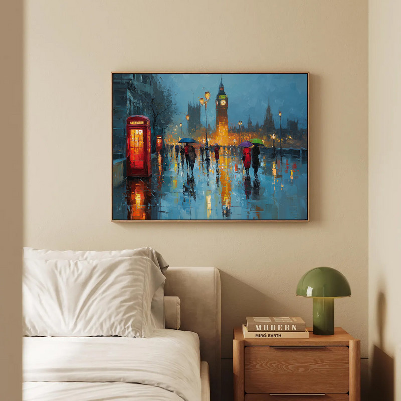 Rainy London stroll canvas wall art, muted oil painting of lamplit cobbled lane, pedestrians with umbrellas, horizontal