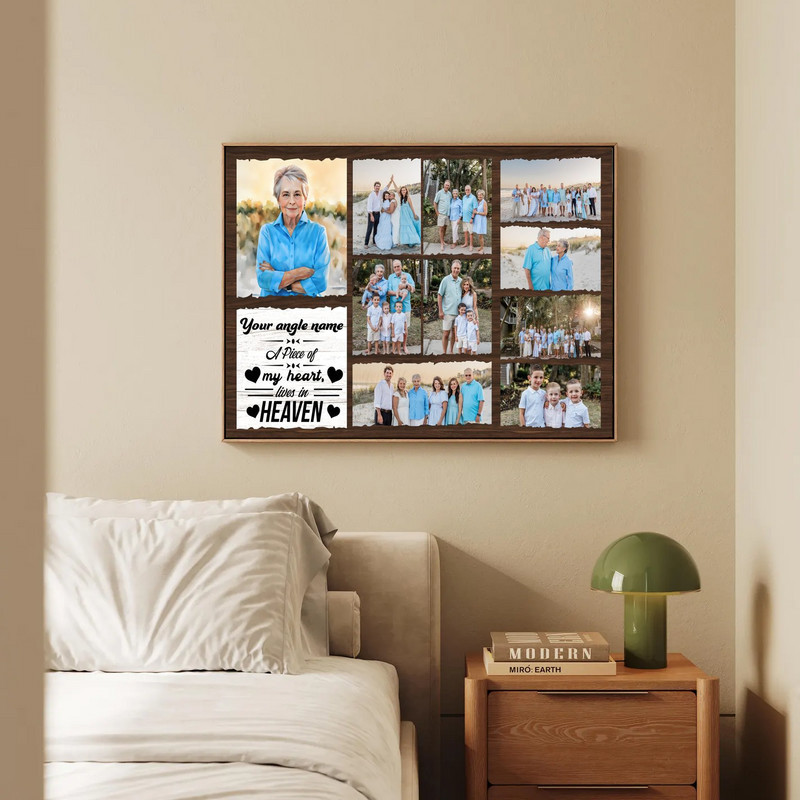 Remembrance canvas wall art photo collage, personalized with multiple photos and message, rustic wood style, beige tones