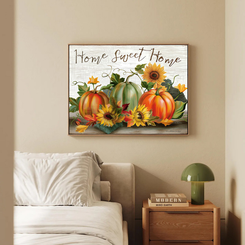 Rustic autumn pumpkins and sunflowers canvas wall art, 'Home Sweet Home' lettering, farmhouse foyer or hallway fall decor