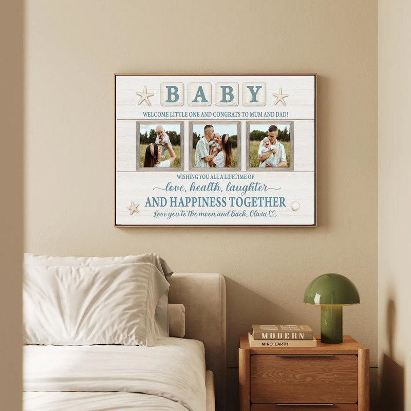 Rustic coastal farmhouse baby welcome canvas wall art with weathered wood look and custom name, newborn milestone collage