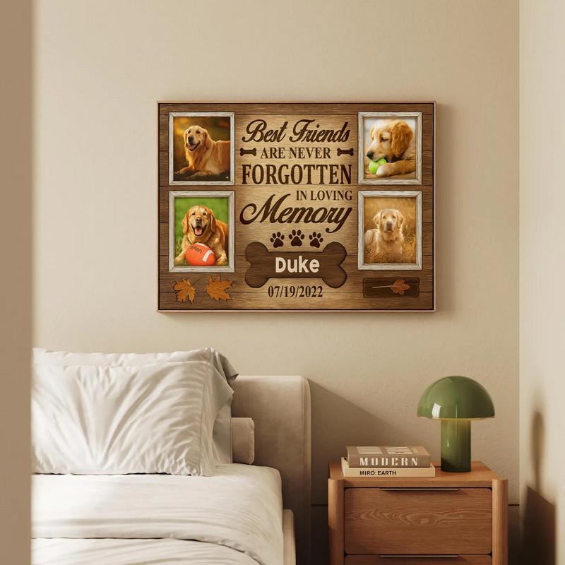 Rustic fall dog remembrance photo collage canvas, landscape layout with autumn leaves and heartfelt 'Best Friends' quote