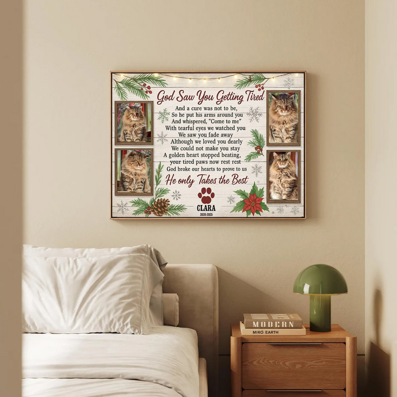 Rustic farmhouse Christmas cat memorial canvas wall art, landscape collage with twinkle lights, snowflakes, pet name