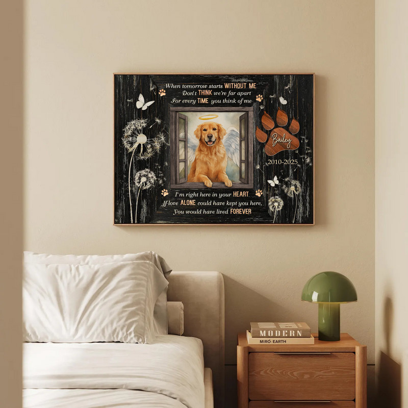 Dog remembrance canvas, custom photo frame with name and dates, rustic farmhouse style for living room or entryway decor