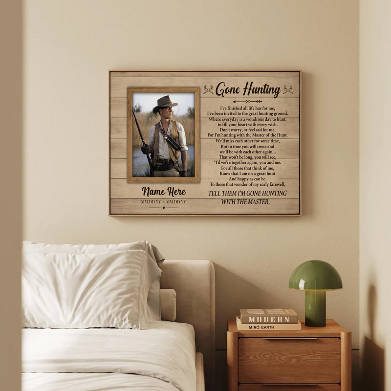 Personalized hunting memorial canvas wall art, rustic wood-look keepsake with Gone Hunting message for bereavement comfort.
