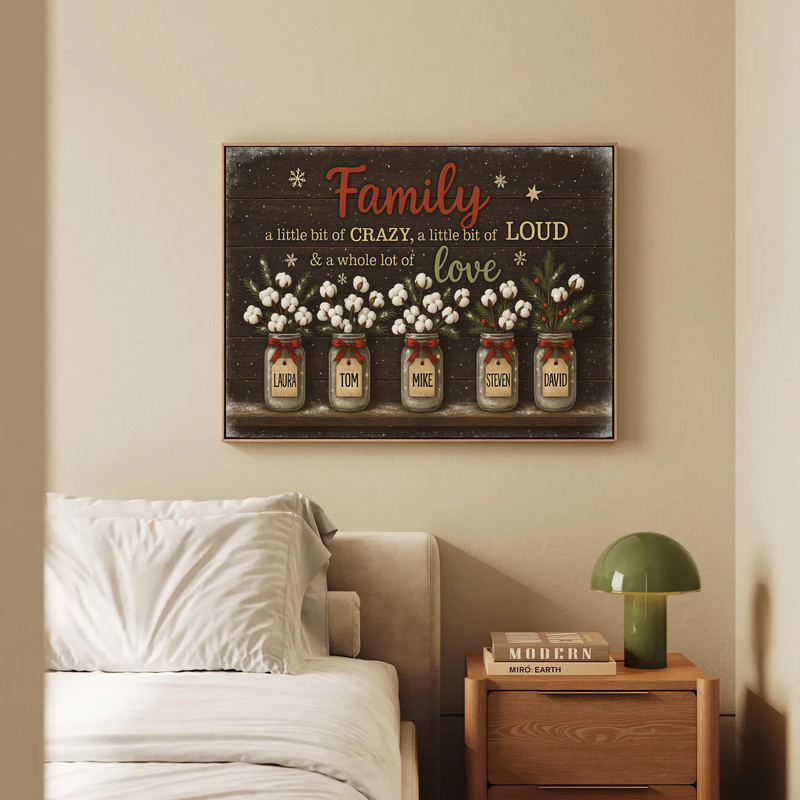 Rustic farmhouse canvas wall art personalized family quote with multi-name flowers, charming Christmas gift for grandparents