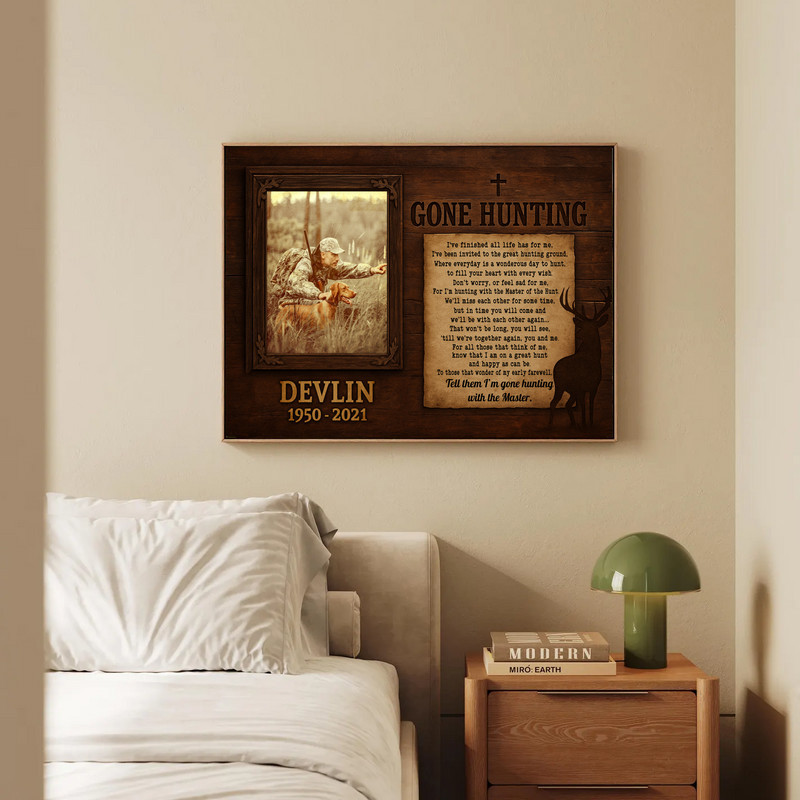 Memorial canvas wall art featuring Gone Hunting message, custom name/date personalization, bereavement gift for hunters