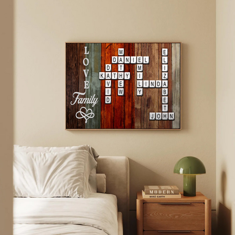 Scrabble family name canvas wall art with heart-accent tiles forming a personalized crossword, meaningful family gift