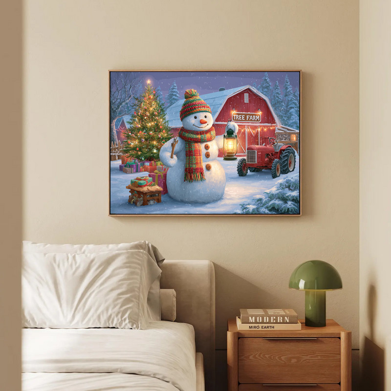 Cozy Christmas barn scene canvas wall art, panoramic winter landscape with snowman and pines, for hallway seasonal decor