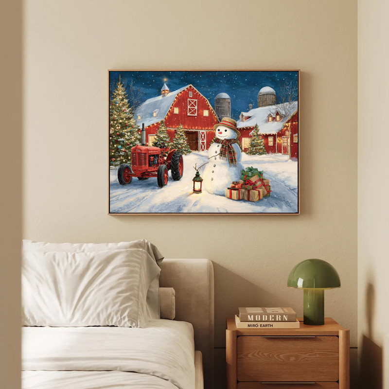 Snowy farmyard Christmas canvas wall art, lantern casting warm light on farmhouse and fences, holiday lights in winter night. Snowy farmyard Christmas canvas wall art, lantern casting warm light on farmhouse and fences, holiday lights in winter night.