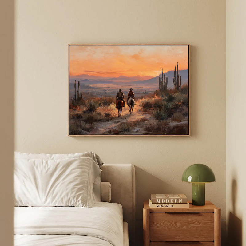 Southwestern cowboys canvas wall art, oil painting of riders at campfire beneath starry desert sky, hallway accent