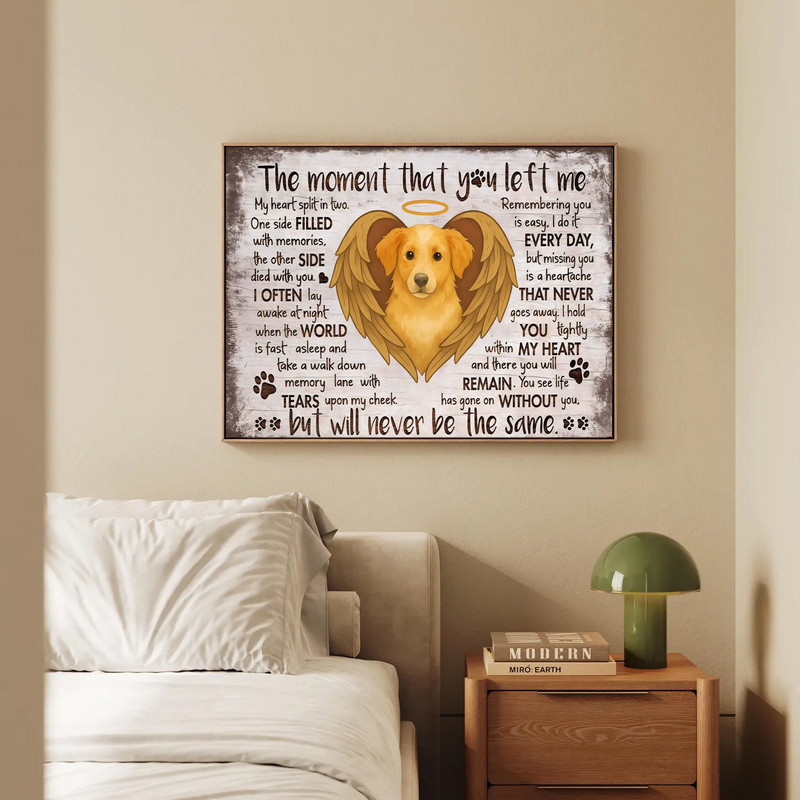 Rustic farmhouse dog memorial canvas wall art featuring heartfelt poem, wood-look background, warm neutral palette, sympathy gift