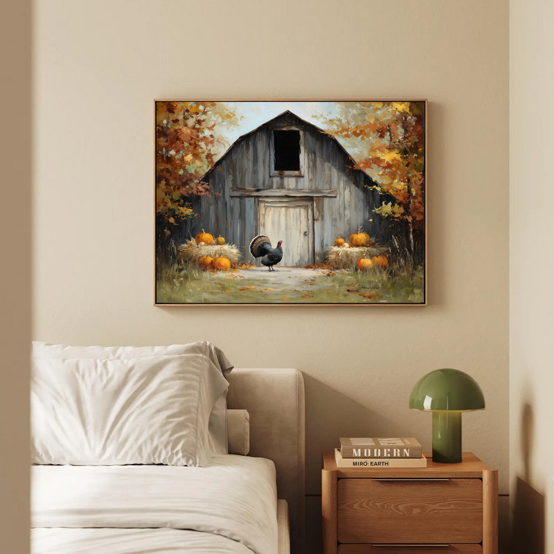 Rustic Thanksgiving barn canvas art, vintage texture and fall field with turkey near barn boards, ideal dining room seasonal decor