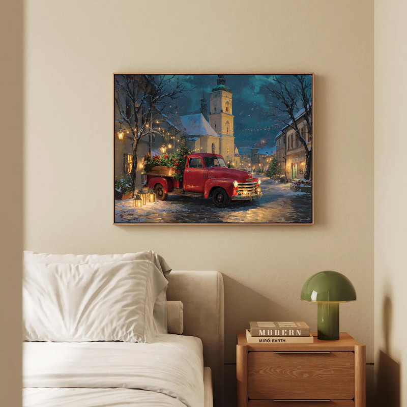 Vintage red truck Christmas city canvas wall art, close-up truck foreground with lit tree and market stalls, holiday vibe