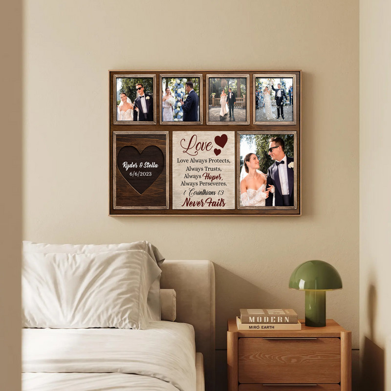 Wedding photo collage with Bible verse canvas wall art, landscape with black-and-white photos, personalized names and date