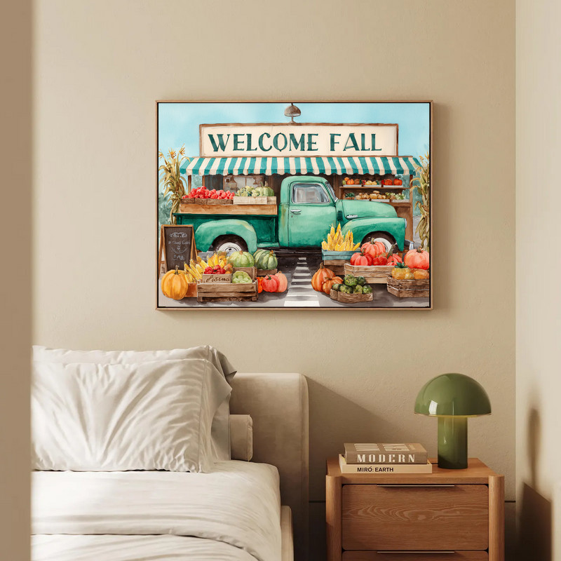 Welcome Fall green truck canvas wall art in watercolor style, vertical layout, shiplap backdrop, entryway Thanksgiving decor
