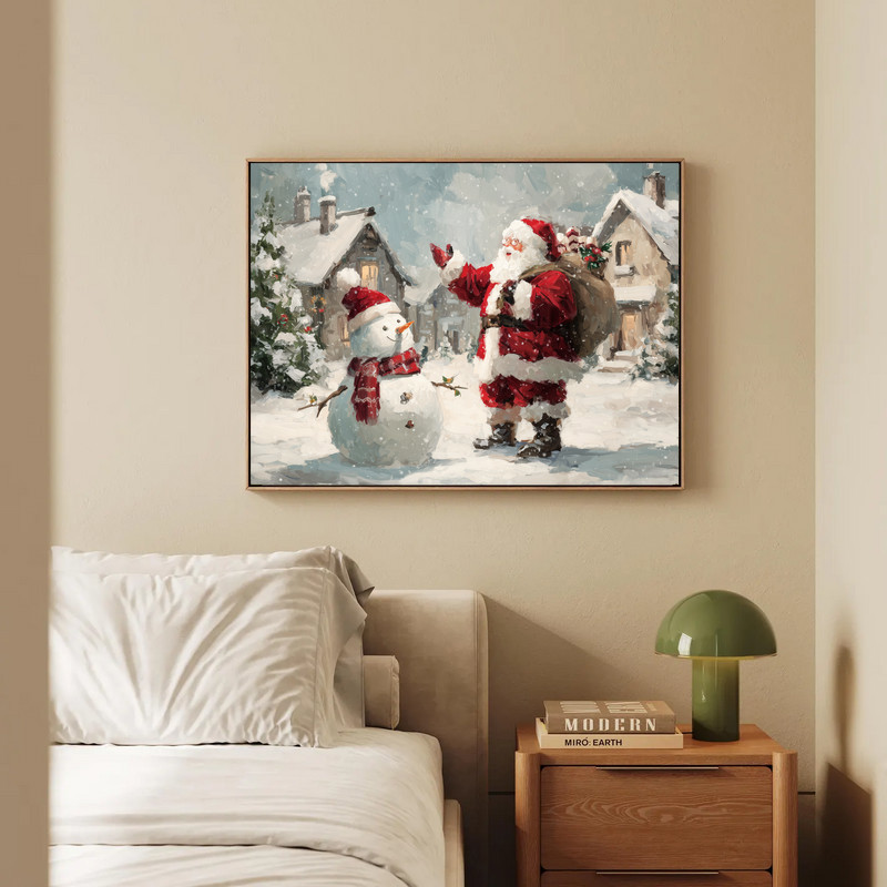 Whimsical Santa Claus and snowman canvas wall art, vintage-style holiday hallway decor in muted colors for cozy winter feel