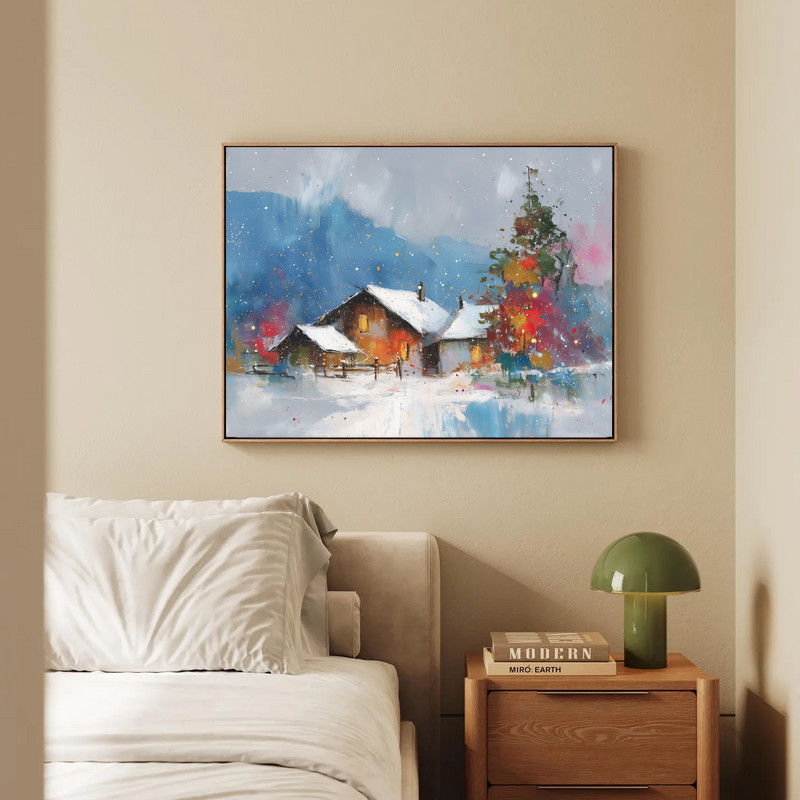 Winter cottage canvas wall art, watercolor landscape for hallway decor, gentle snowfall over a quiet cabin and forest.
