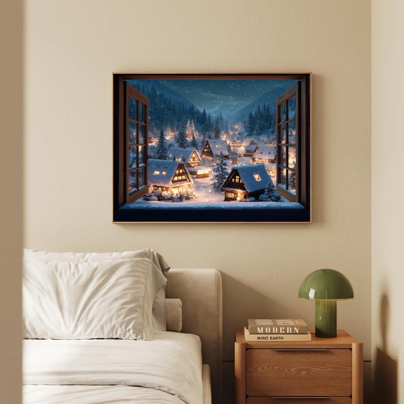 Cozy Christmas village canvas wall art, window-view style with wreath and garland, falling snow for hallway decor
