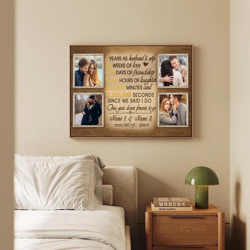1 year anniversary photo collage canvas wall art with custom names, date, and love timeline, modern wall decor