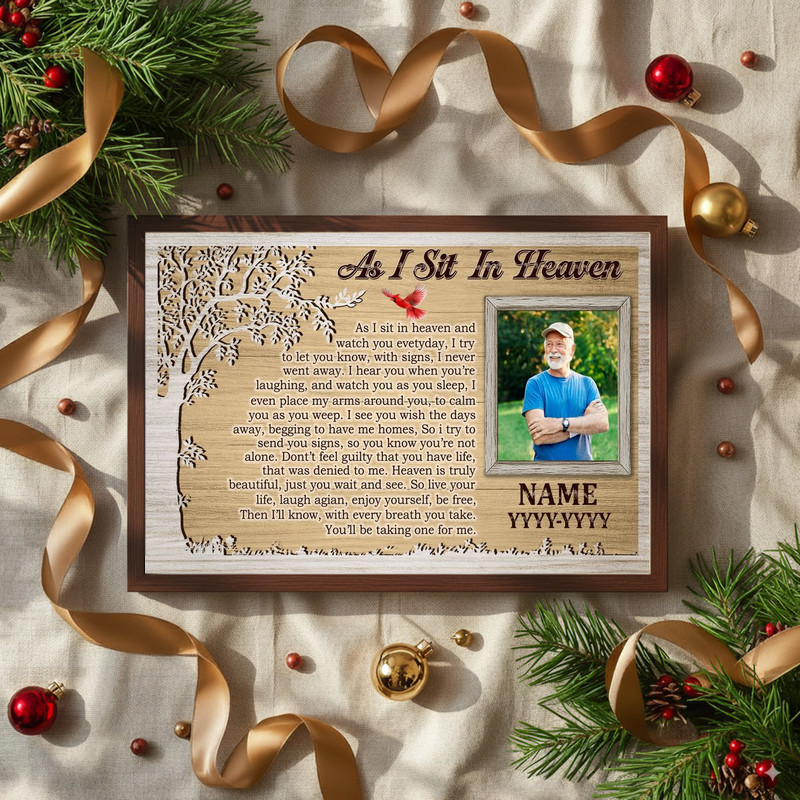 As I Sit In Heaven poem canvas wall art with personalized photo, name and years, pastel watercolor, horizontal memorial decor