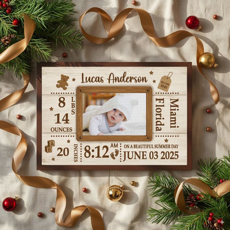 Newborn birth announcement canvas wall art, rustic farmhouse style with faux frame, personalized baby photo and stats layout