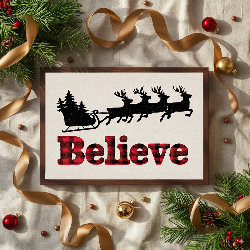 Buffalo plaid Santa sleigh Christmas canvas wall art, bold Believe lettering in rustic farmhouse style, winter hallway decor Buffalo plaid Santa sleigh Christmas canvas wall art, bold Believe lettering in rustic farmhouse style, winter hallway decor