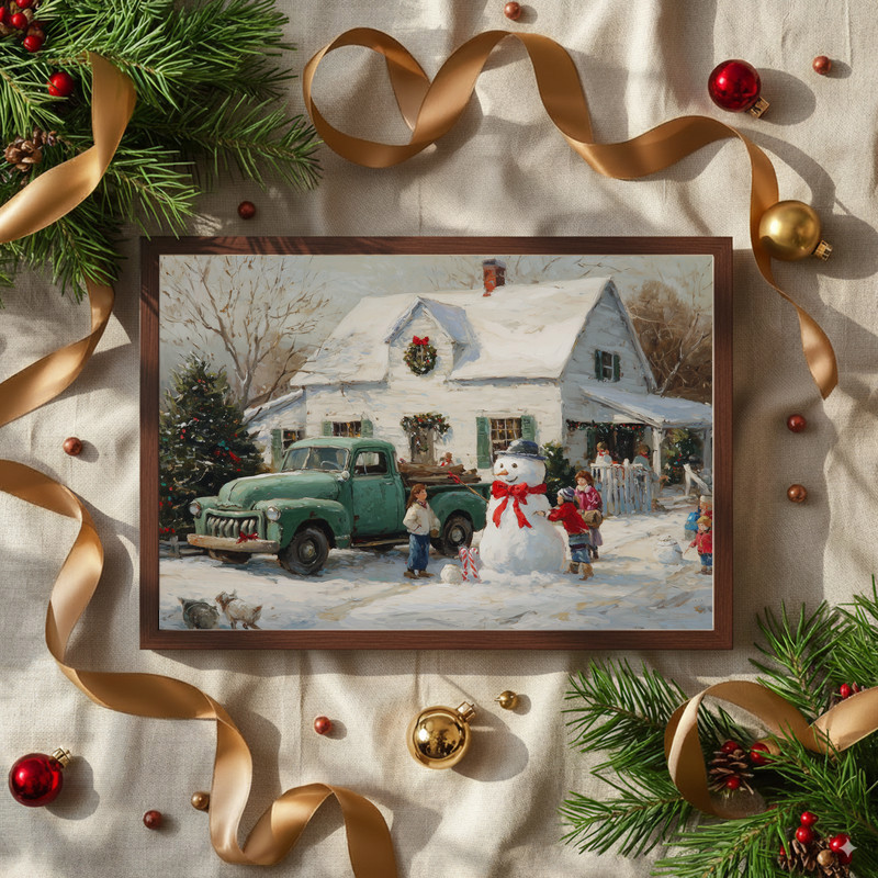 Snowy village scene with green truck Christmas canvas wall art, starry night palette in portrait orientation for entry