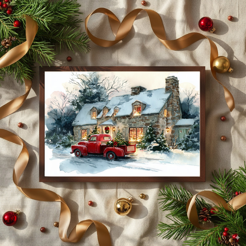 Christmas barn with red truck canvas wall art, twilight snowy farmhouse scene with warm lights, entryway holiday decor.