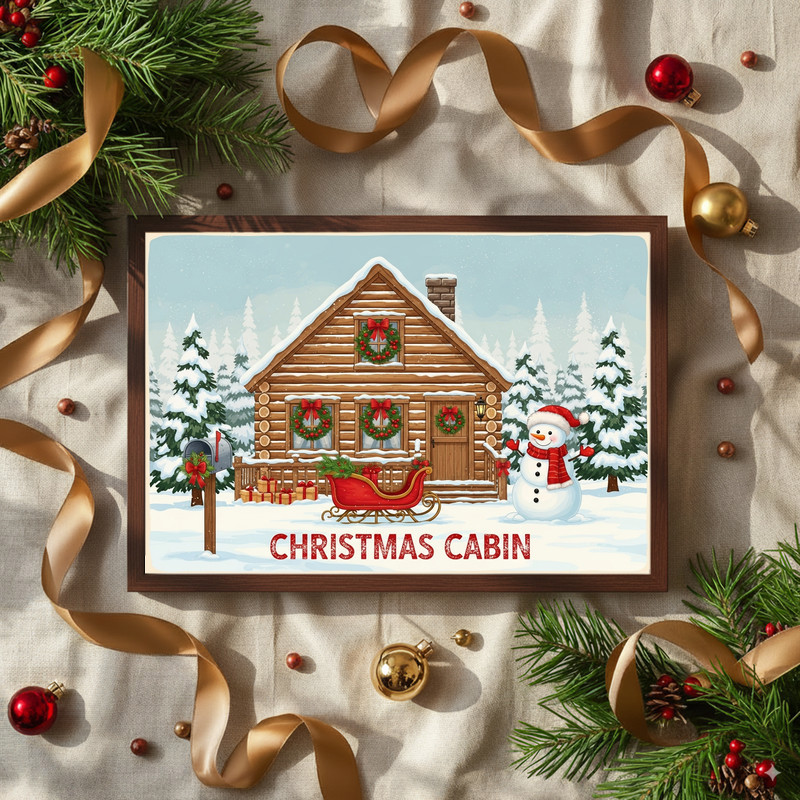 Winter retreat cabin canvas wall art in landscape view, subtle holiday touches suit farmhouse hallway or foyer decor